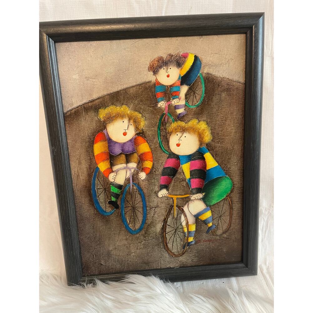 Vintage Joyce Roybal Painting Signed Bicycling Bike Kids Whimsical GUC
